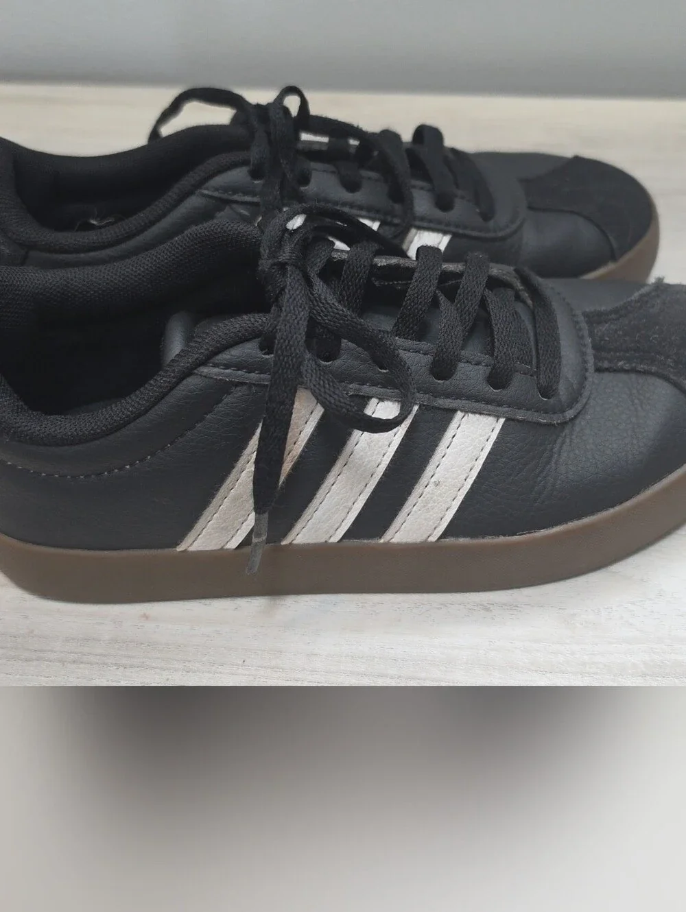 adidas VL Court Kids Black Sneakers with White Stripes and Brown Gum Sole